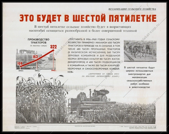 Оригинальный советский плакат производство тракторов зерновых комбайнов жаток уборочных комбайнов для сельского хозяйства электроэнергия для механизации автоматизации работ в сельском хозяйстве животноводства
