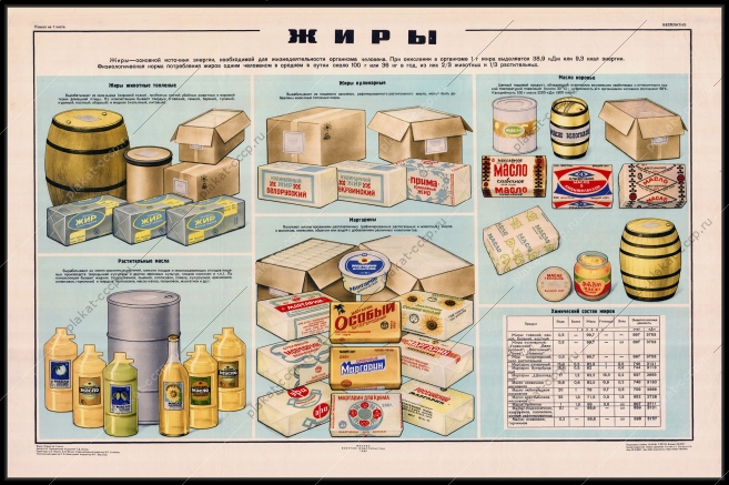 Оригинальный плакат СССР жиры топленые коровьи кулинарные растительные масла химический состав жиров