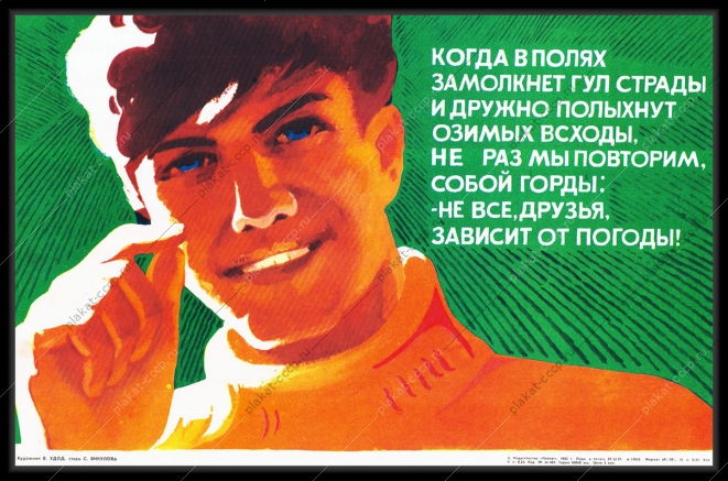 Оригинальный советский плакат когда в полях замолкнет гул страды и дружно полыхнут озимых всходы не раз мы повторим собой горды - не все друзья зависит от погоды сельское хозяйство