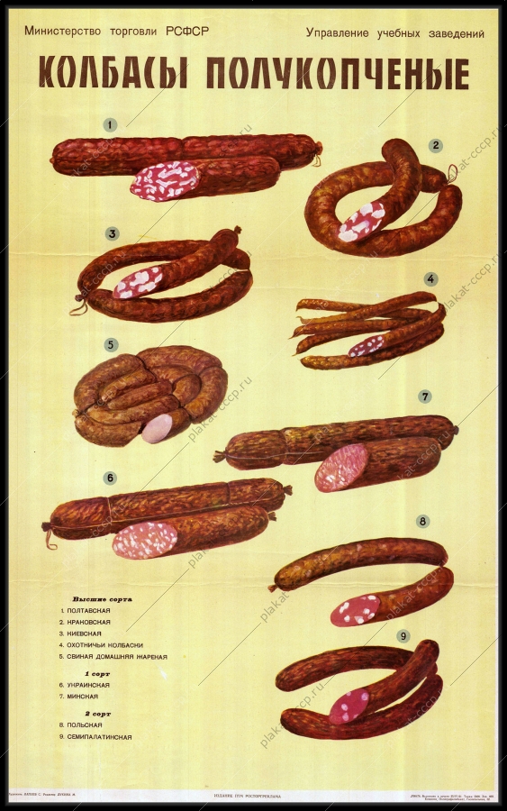 Оригинальный советский плакат реклама СССР колбасы полукопченые 1961