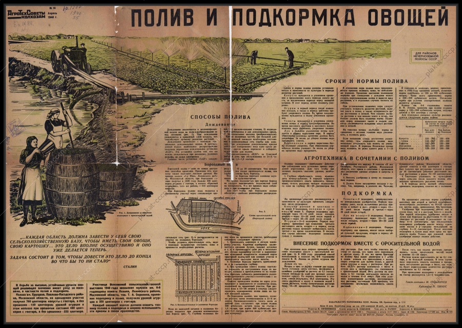 Оригинальный плакат СССР Агротехсоветы полив и подкормка овощей