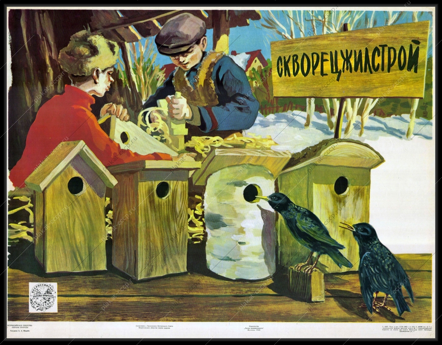Оригинальный советский плакат общество охраны природы зима скворцы