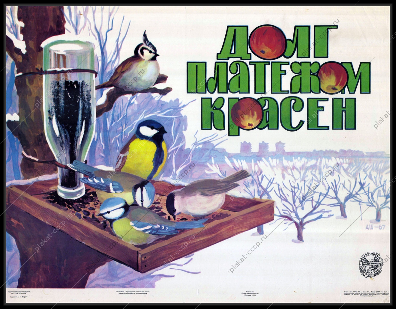 Оригинальный советский плакат охрана природы птицы синицы зима всероссийское общество охраны природы