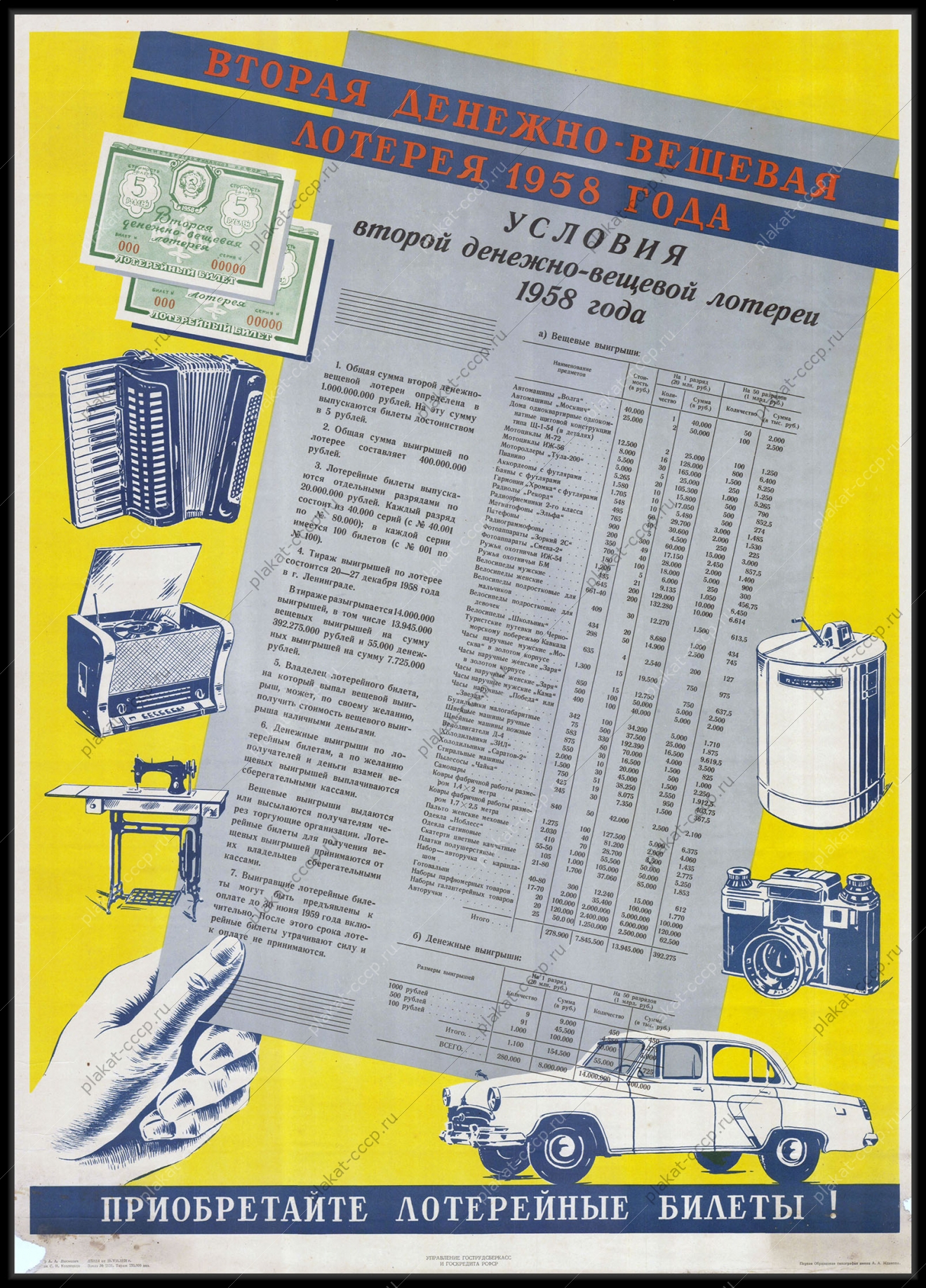 Плакат СССР финансы рекламный Денежно-вещевая лотерея 1958 года