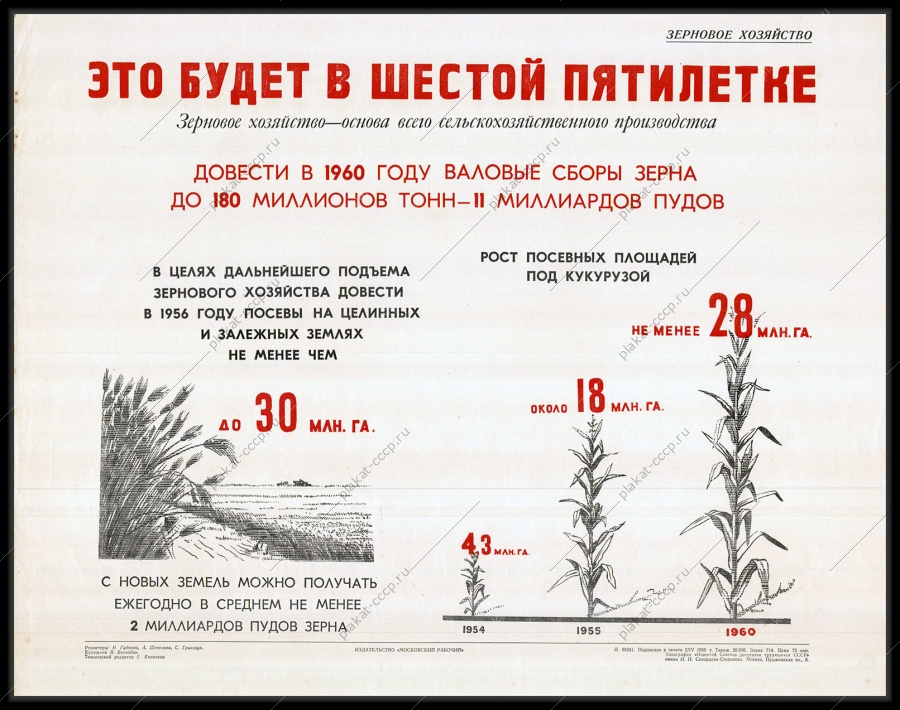 Оригинальный плакат СССР сбор зерна кукурузы сельскохозяйственное производство зерновое хозяйство пятилетка 1956