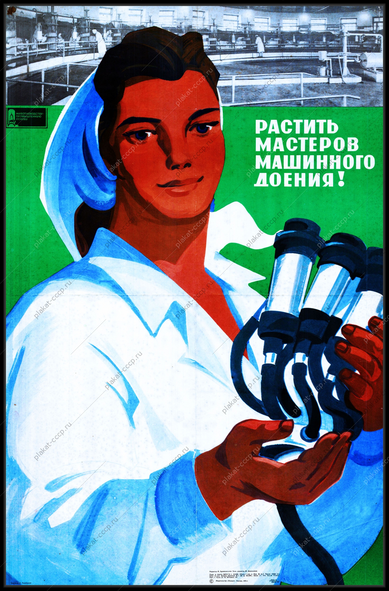 Оригинальный плакат СССР растить мастеров машинного доения фермы молоко доярки
