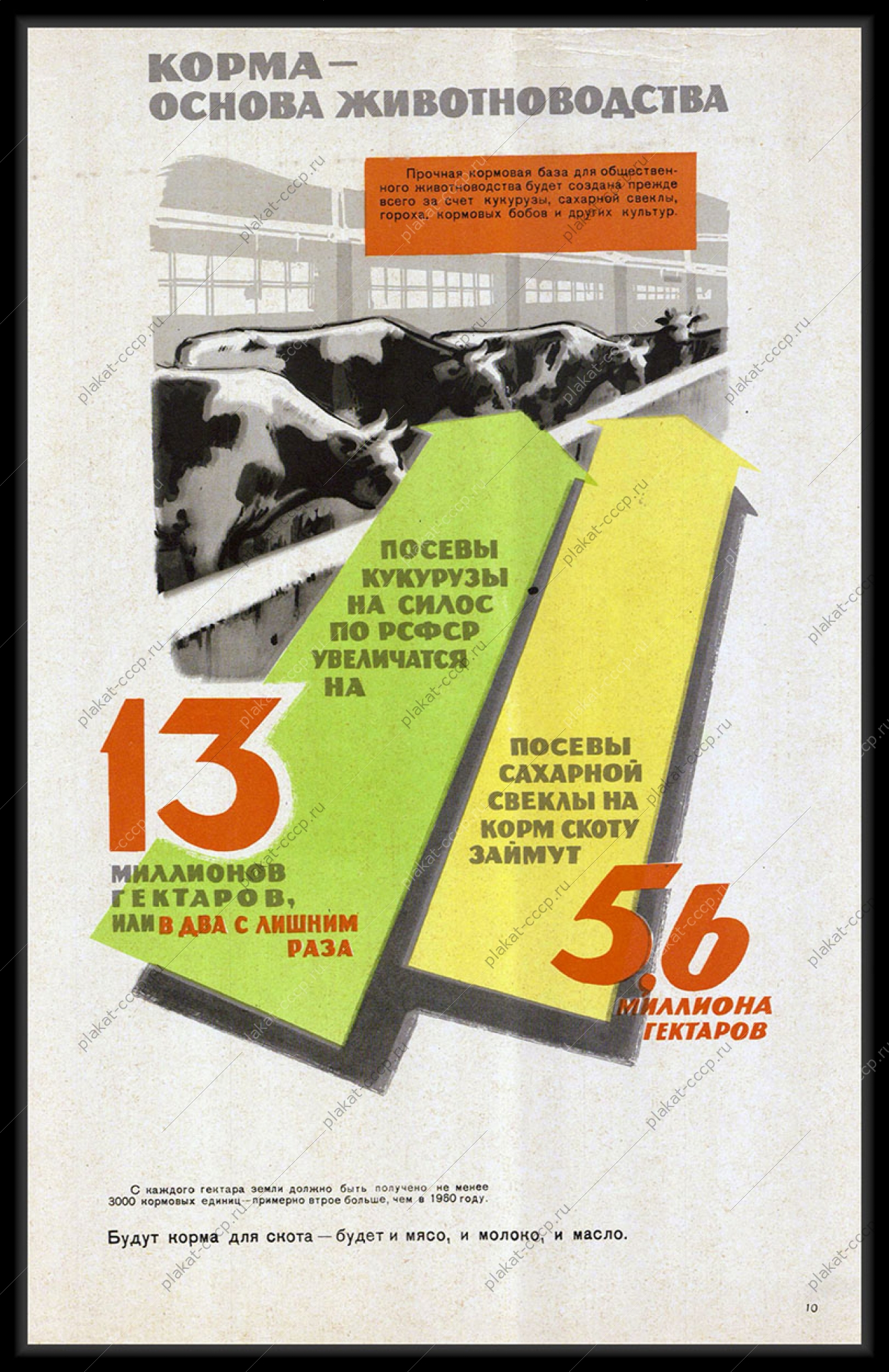 Оригинальный плакат СССР корма основа животноводства