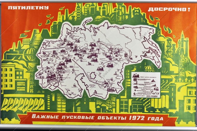 Оригинальный советский плакат пусковые объекты СССР по добыче угля металлургии машиностроении нефтепеработке 1972