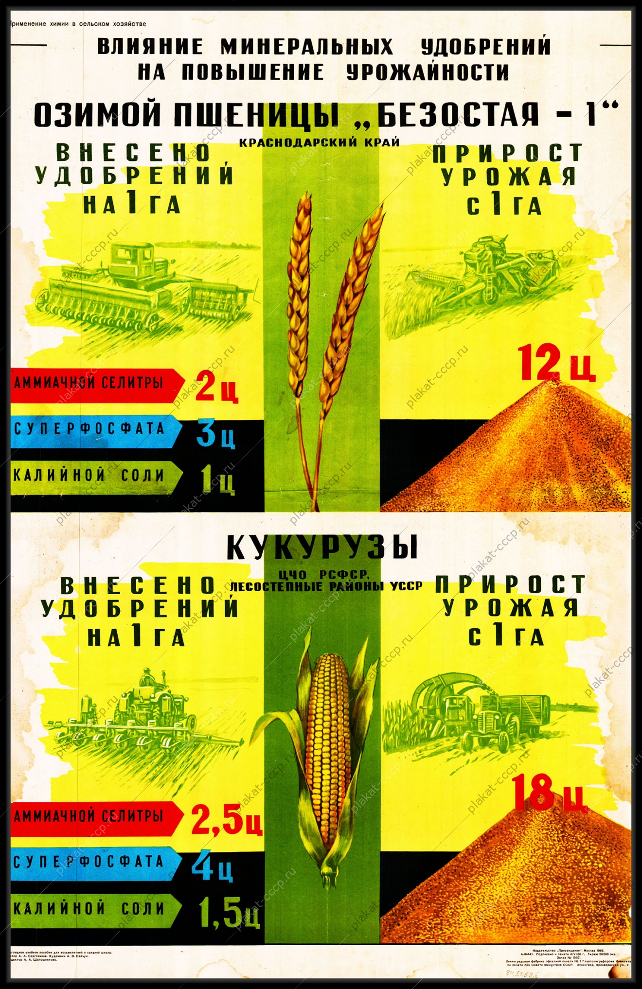 Оригинальный плакат СССР влияние минеральных удобрений на повышение урожайности озимой пшеницы Безостая-1 кукурузы