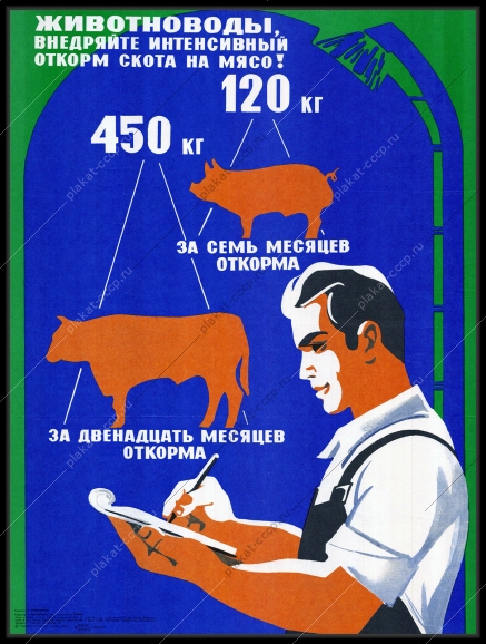 Оригинальный советский плакат животноводы внедряйте интенсивный откорм скота на мясо животноводство сельское хозяйство