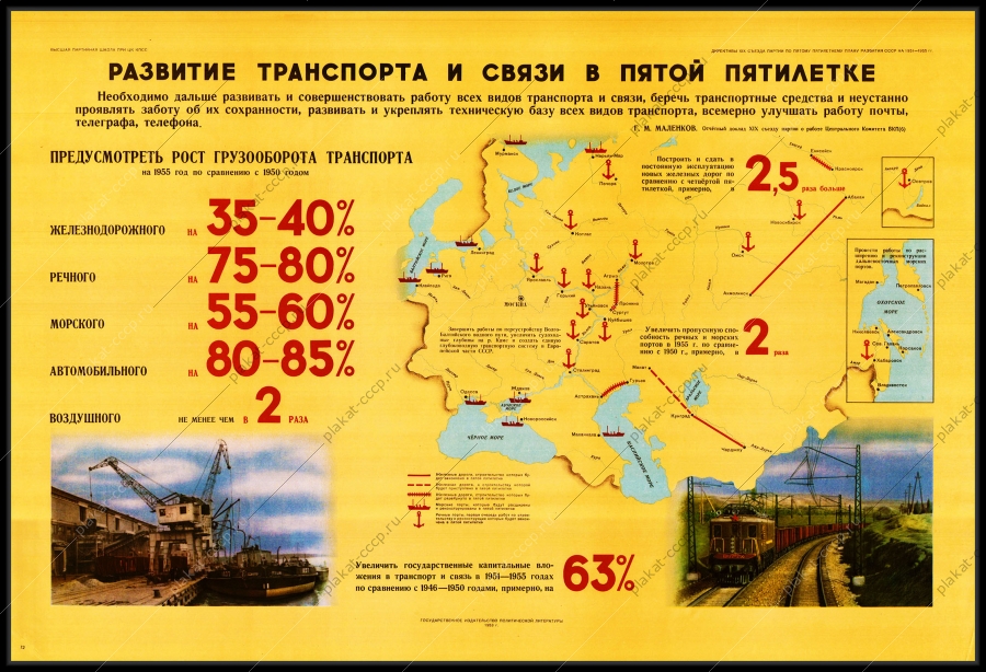 Оригинальный советский плакат развитие транспорта и связи в пятой пятилетке