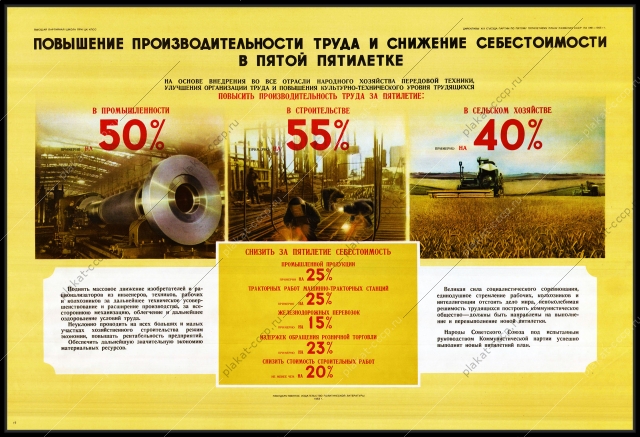 Оригинальный советский плакат повышение производительности труда и снижение себестоимости в пятой пятилетке