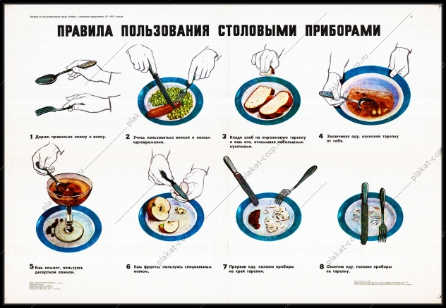 Оригинальный плакат СССР правила пользования столовыми приборами