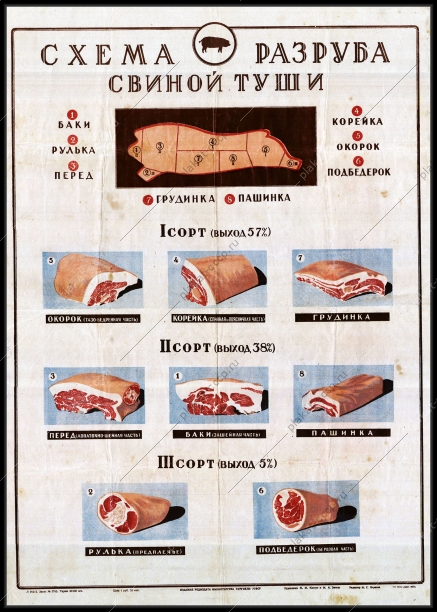 Оригинальный плакат СССР схема разруба свиной туши мясная промышленность