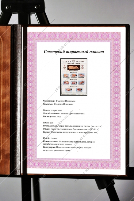 Оригинальный плакат СССР схема разруба свиной туши мясная промышленность