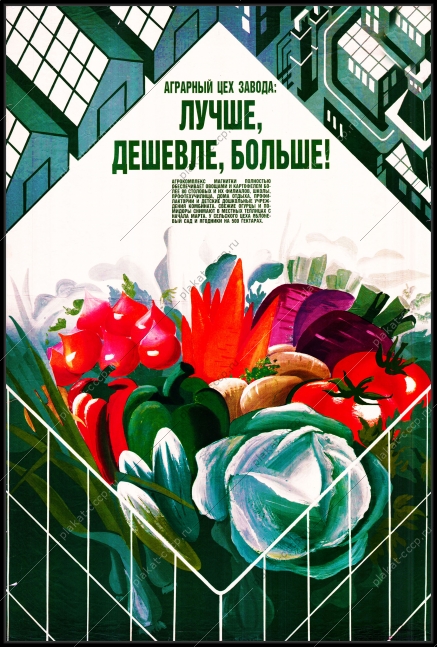 Оригинальный плакат СССР агрокомплекс снабжение овощами столовых школ санаториев огурцы помидоры капуста грибы баклажаны теплица агрокомплекс Магнитогорский металлургический комбинат Магнитка