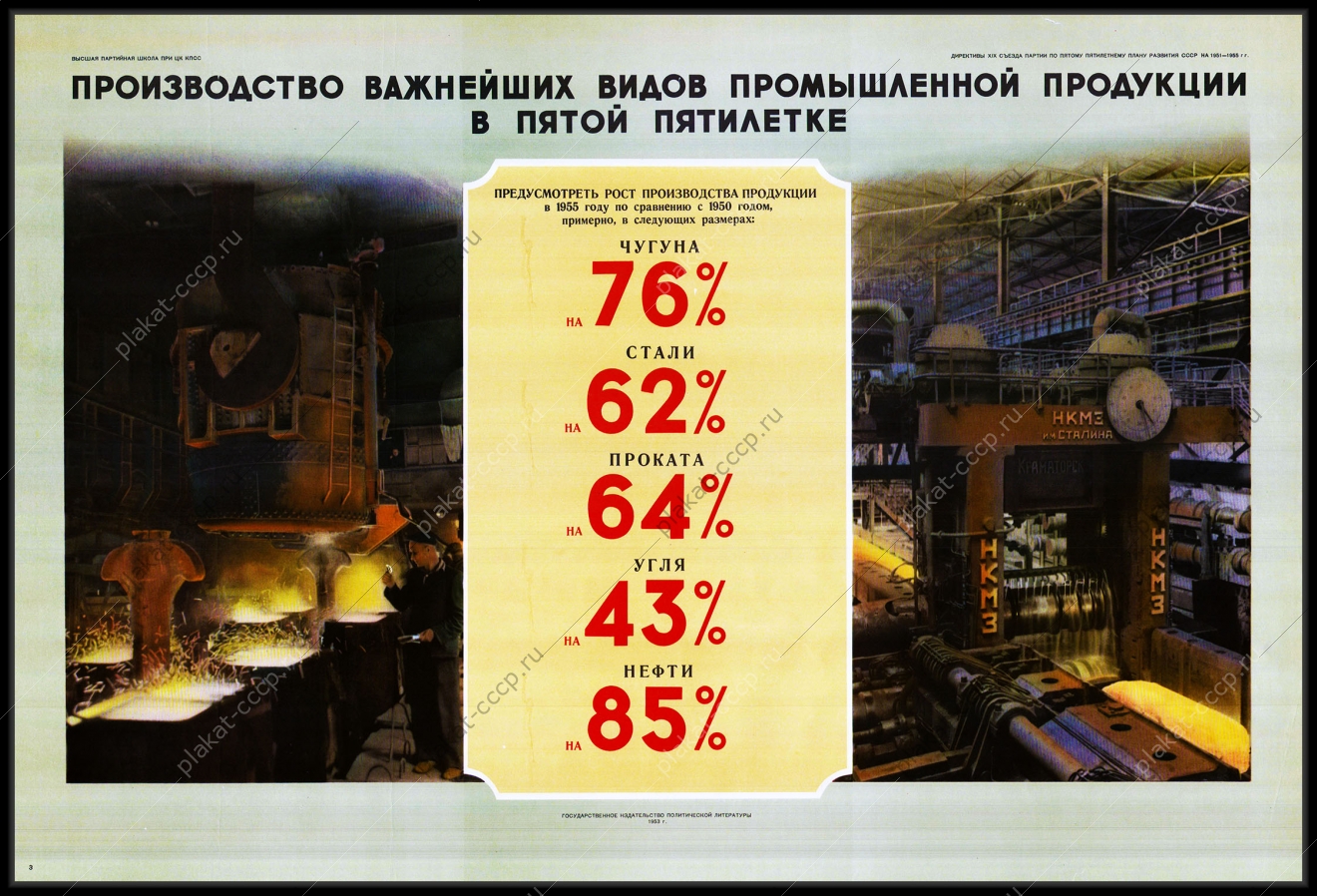 Оригинальный плакат СССР производство важнейших видов промышленной продукции в пятой пятилетке чугун сталь прокат уголь нефть
