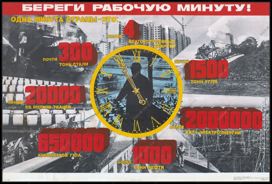 Оригинальный советский плакат береги рабочую минуту экономия электроэнергии энергетика уголь газ нефть