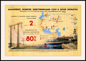 Оригинальный советский плакат развитие электрификации в пятой пятилетке энергетика увеличение мощности электростанций