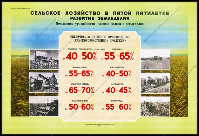 Оригинальный плакат СССР сельское хозяйство в пятой пятилетке