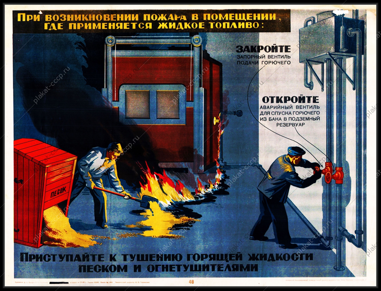Советский плакат СССР при возникновении пожара в помещении, где применяется жидкое топливо