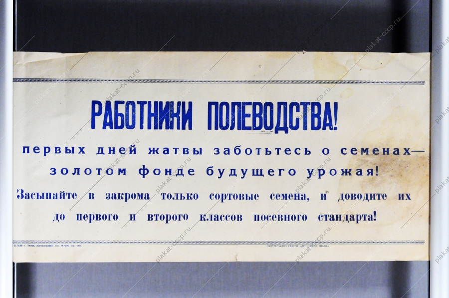 Советский плакат СССР - Работники полеводства С первых дней жатвы позаботьтесь о семенах - золотом фонде будущего урожая 1968 год