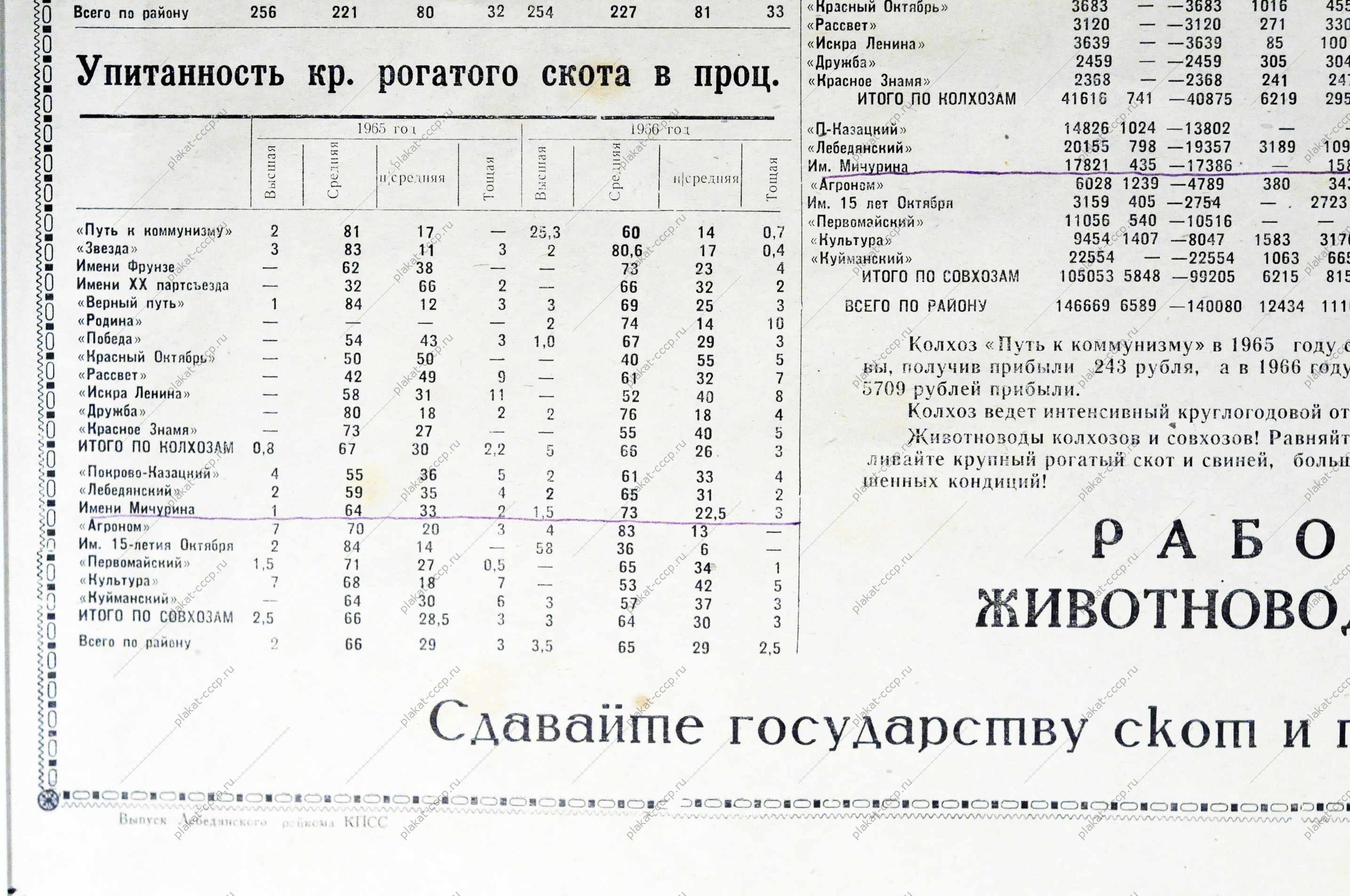 Итоги социалистического соревнования колхозов и совхозов за 1966 год по качеству проданного государству скота