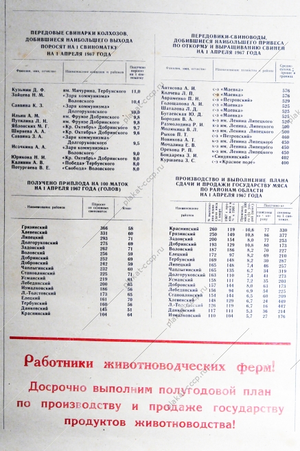 Плакат СССР - Итоги социалистического соревнования работников животноводства по производству мяса на 1 апреля 1967 года