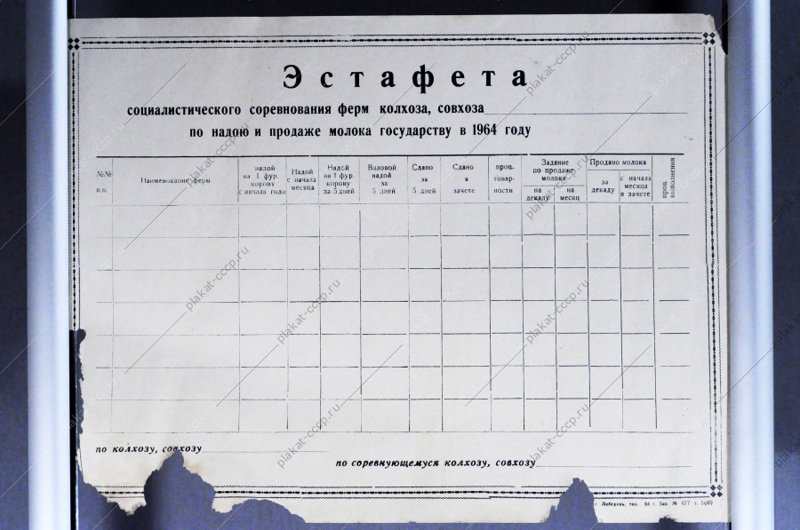 Советский плакат СССР Эстафета социалистического соревнования ферм колхоза, совхоза по надою и продаже молока государству за 1964 год