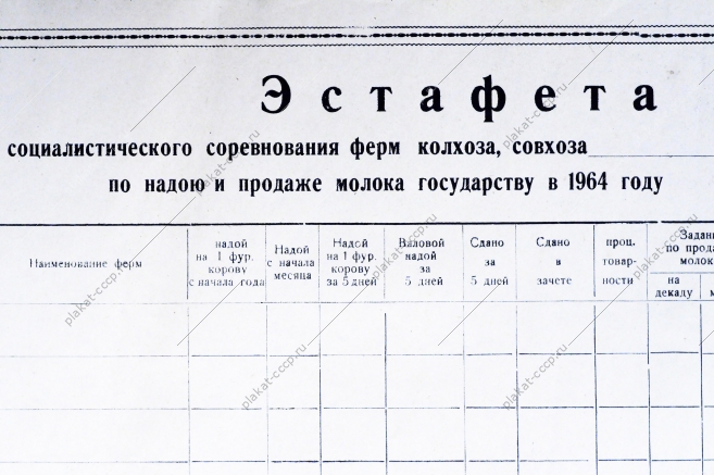 Советский плакат СССР Эстафета социалистического соревнования ферм колхоза, совхоза по надою и продаже молока государству за 1964 год