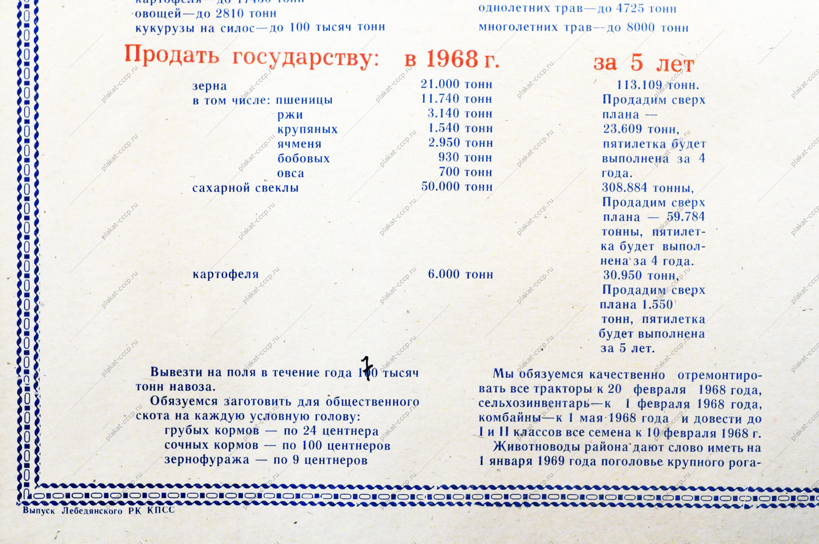 Плакат СССР - Социалистические обязательства тружеников сельского хозяйства Лебедянского района на 1968 год  пятилетку, 1968 год
