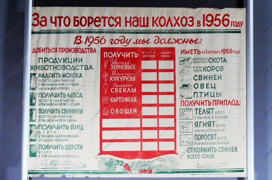 Советский плакат СССР - 'За что борется наш колхоз в 1956 году'