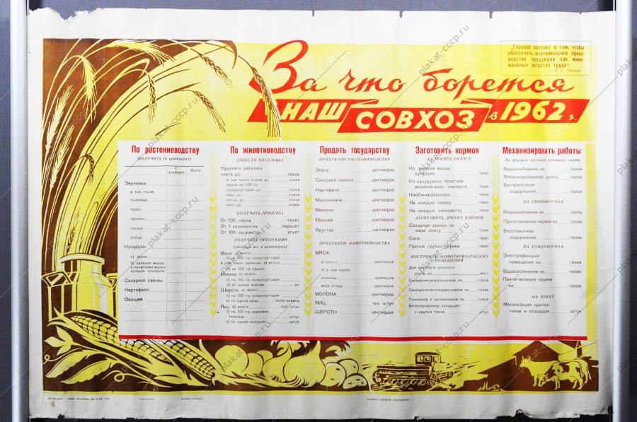 Советский плакат СССР Социалистическое обязательство 'За что борется наш совхоз в 1962 году'