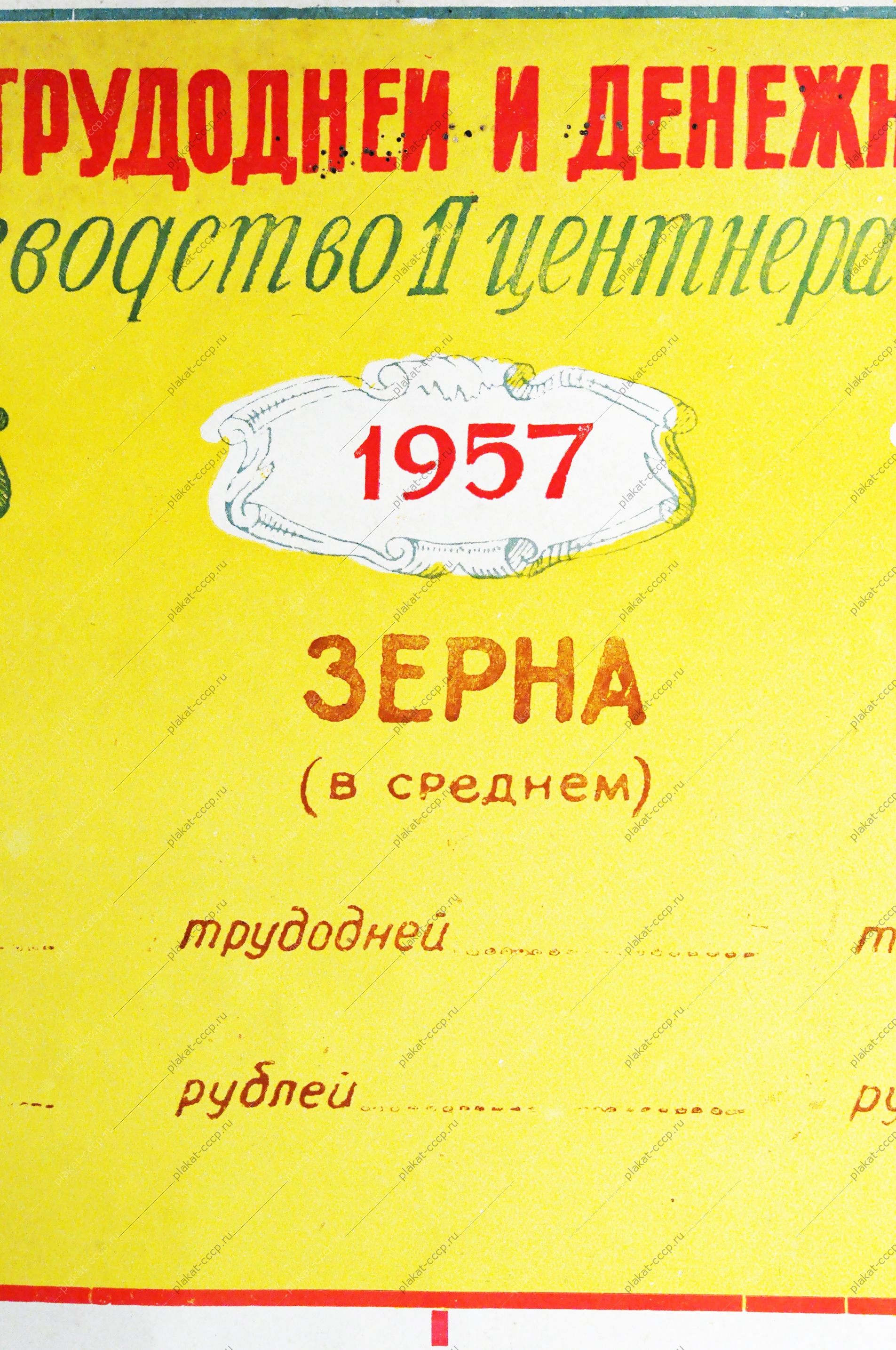 Плакат СССР - Затраты трудодней и денежных средств на производство 1 центнера продукции, 1956 год