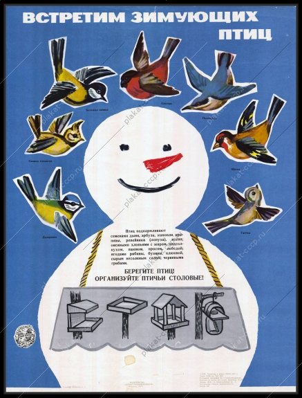 Оригинальный плакат СССР встретим зимующих птиц организуем птичьи столовые защита птиц окружающей среды природа