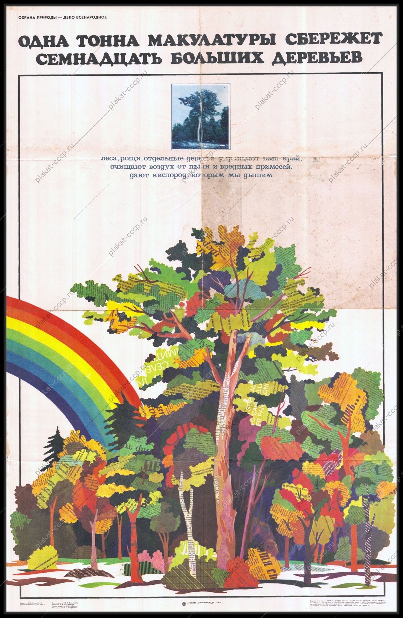 Оригинальный плакат СССР одна тонна макулатуры сбережет тонну больших деревьев охрана природы