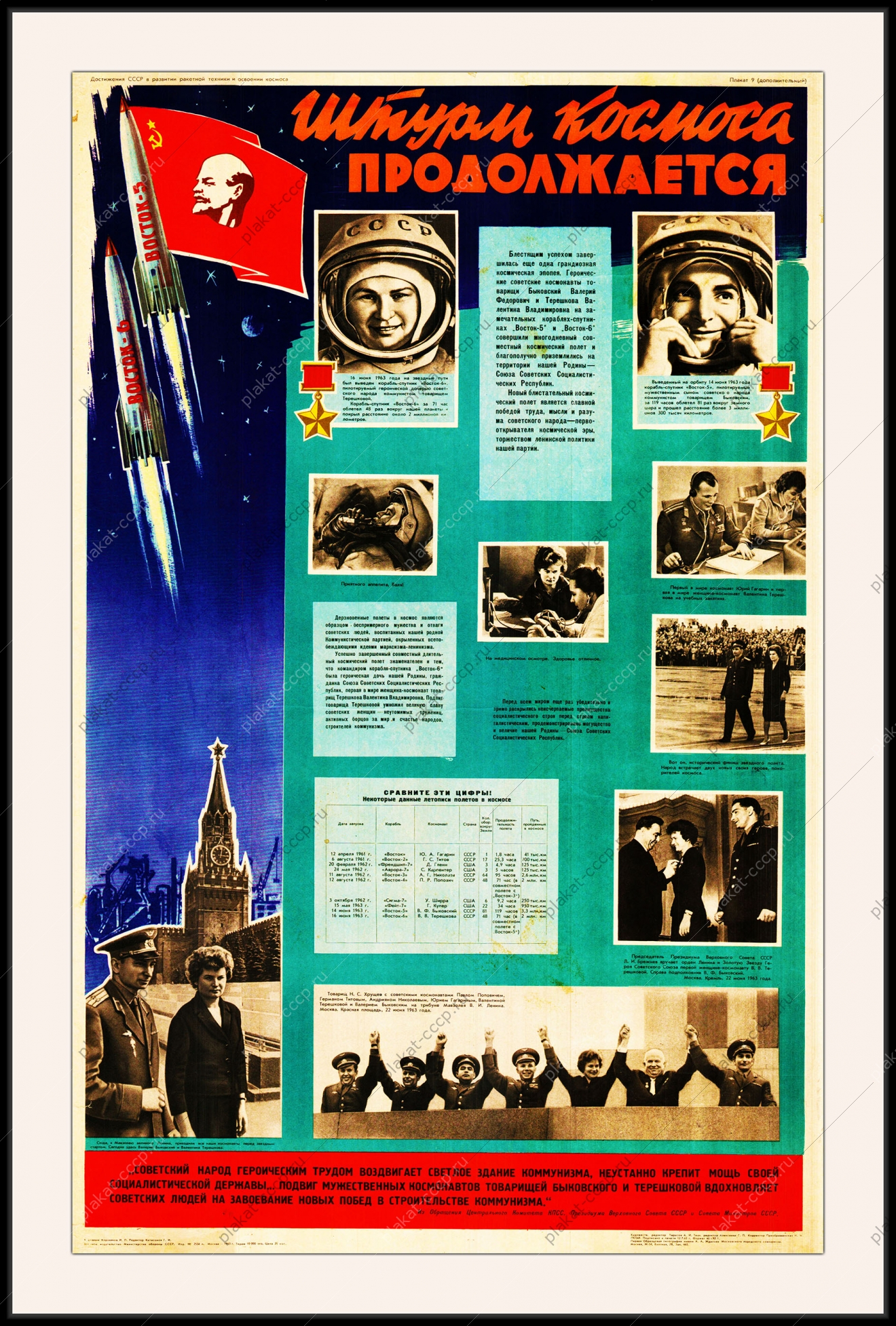 Оригинальный плакат СССР штурм космоса продолжается полеты Восток 5 Восток 6 космонавты Быковский Терешкова