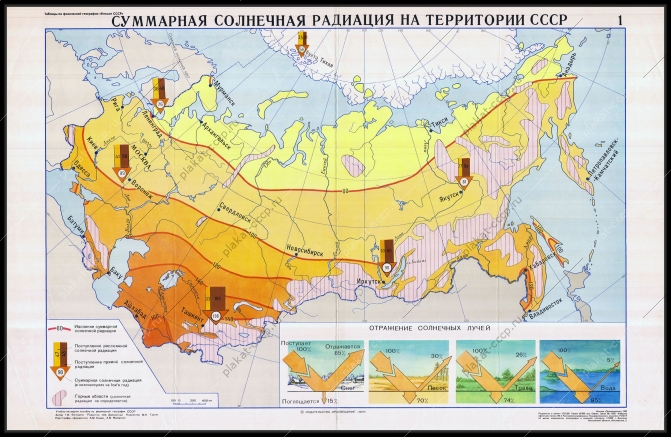 Оригинальный плакат СССР суммарная солнечная радиация на территории СССР
