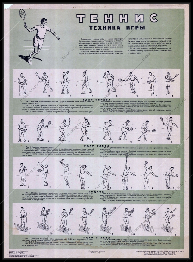 Оригинальный плакат СССР спорт теннис тренировки 1955