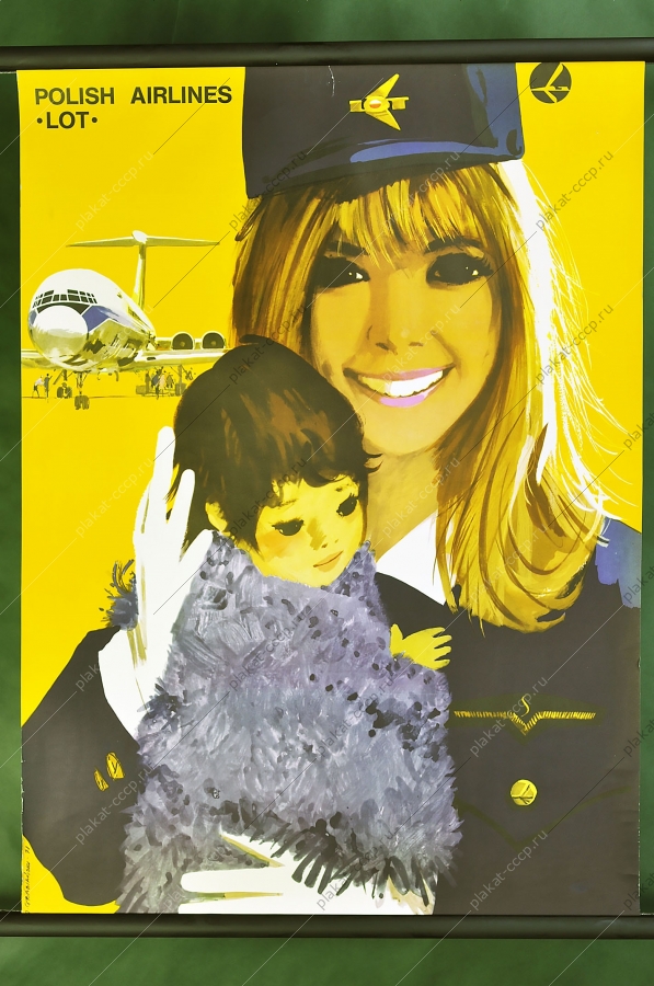 Оригинальный советский плакат Польша авиация LOT девушка с ребенком 1971