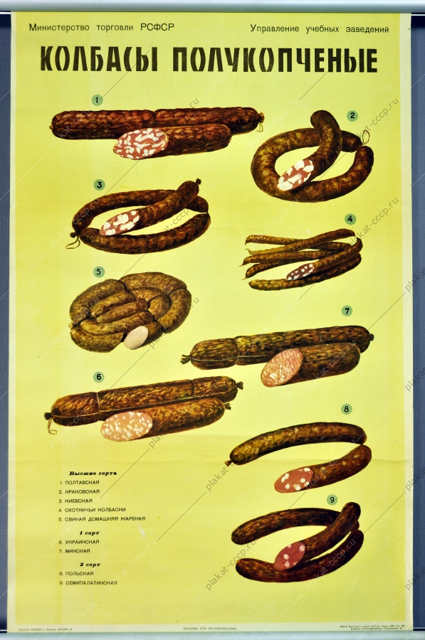 Оригинальный рекламный плакат СССР полукопченые колбасы Министерство торговли СССР 1961