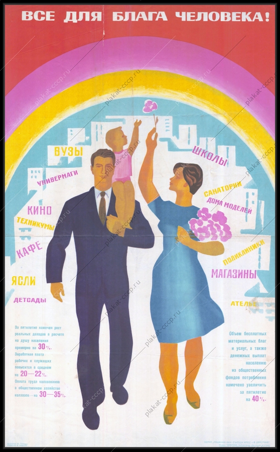 Оригинальный советский плакат рост реальных доходов заработной платы населения рост объема бесплатных услуг и материальных выплат населению финансы все для блага человека