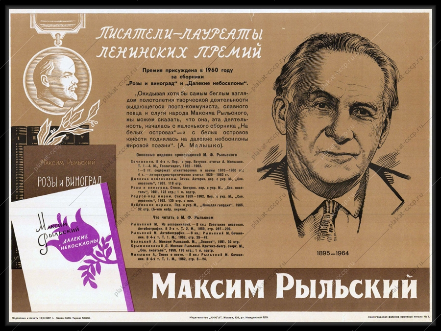 Оригинальный советский плакат Максим Рыльский писатель образование