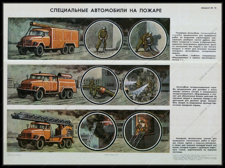 Оригинальный советский плакат виды автомобилей при тушении пожара