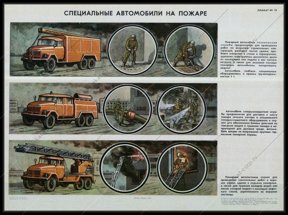 Оригинальный советский плакат виды автомобилей при тушении пожара