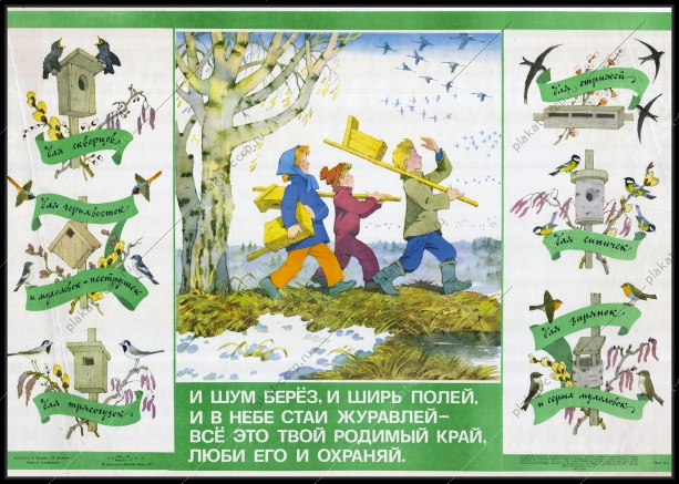 Оригинальный советский плакат защита и охрана птиц окружающей среды 1977
