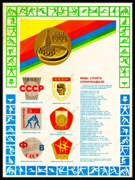 Оригинальный плакат СССР виды спорта Олимпиады 1980