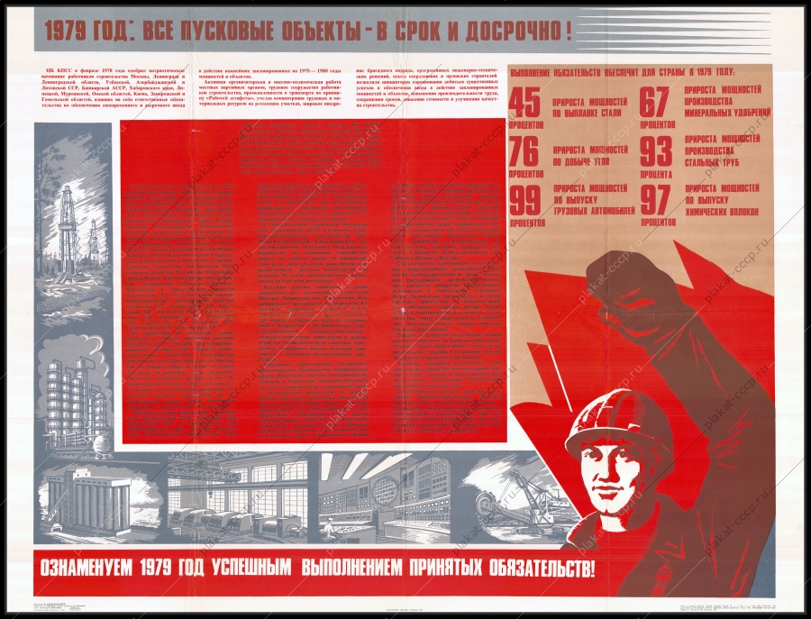 Оригинальный плакат СССР все пусковые объекты в срок и досрочно 1979 год промышленность объекты выплавка стали добыча угля выпуск грузовых автомобилей производство минеральных удобрений производство стальных труб выпуск химических волокон
