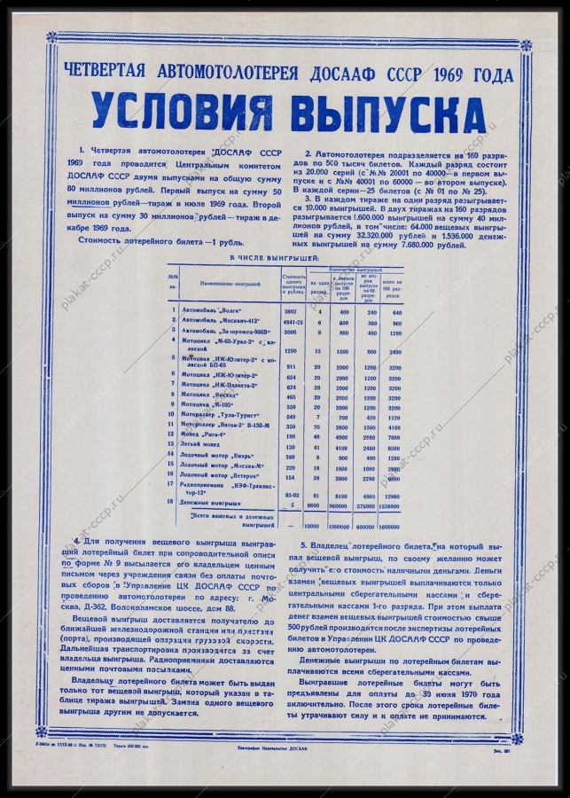 Оригинальный советский плакат четвертая автомотолотерея ДОСААФ 1969 финансы условия выпуска