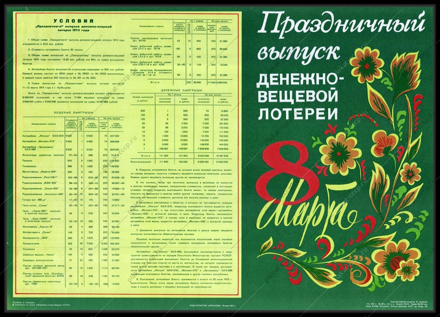 Оригинальный советский плакат праздничный выпуск денежно вещевой лотереи 8 марта